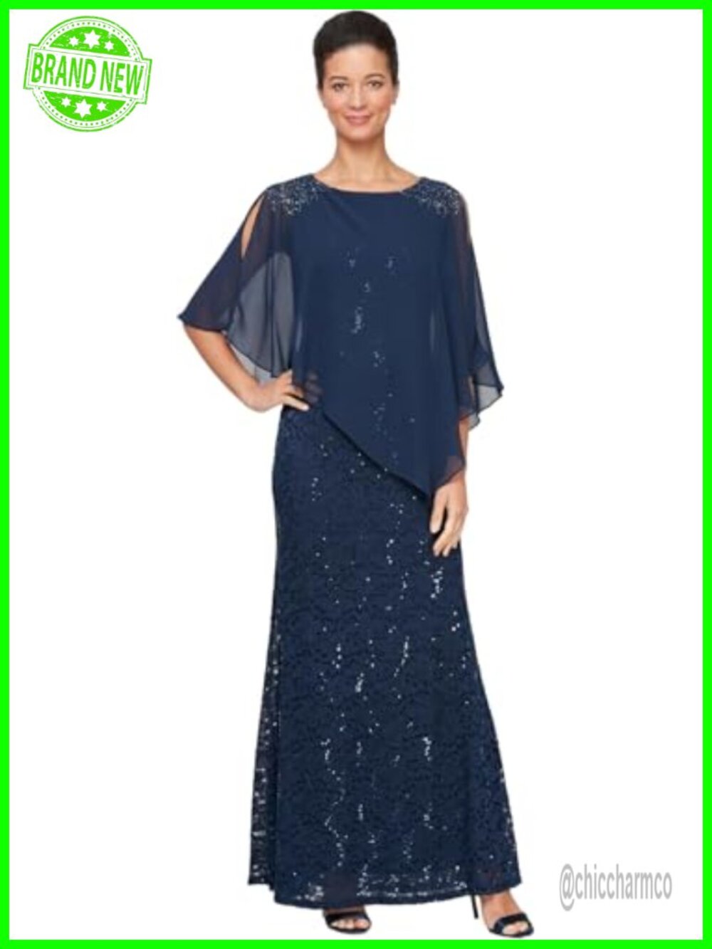 Long Sequin Lace Beaded Capelet Overlay Formal Evening Gown